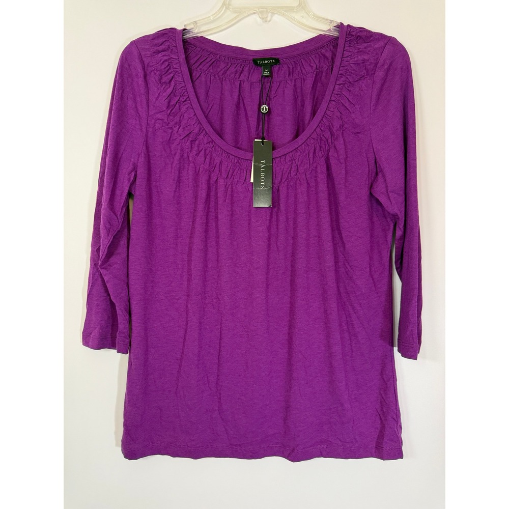 Talbots NWT Purple Top Medium M Gathered Scoop Neck 3/4 Sleeve Cotton Modal